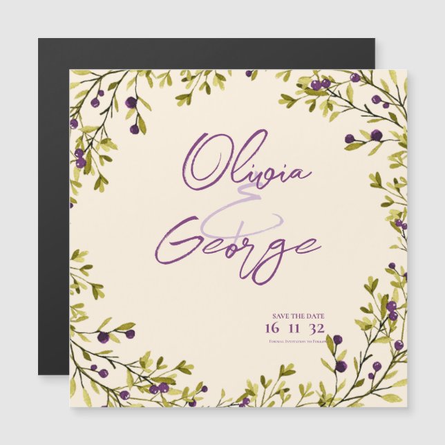 Rustic Purple Berry Greenery Wedding Save the Date (Fram/baksida)