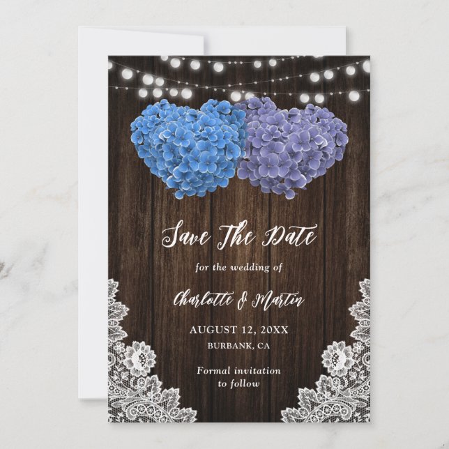 Rustic Purple Blue Floral Hearts Lace Wood Wedding Spara Datumet (Framsida)