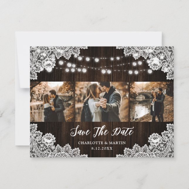 Rustic Purple Blue Floral Lace 3 Photo Wedding Spara Datumet (Framsida)