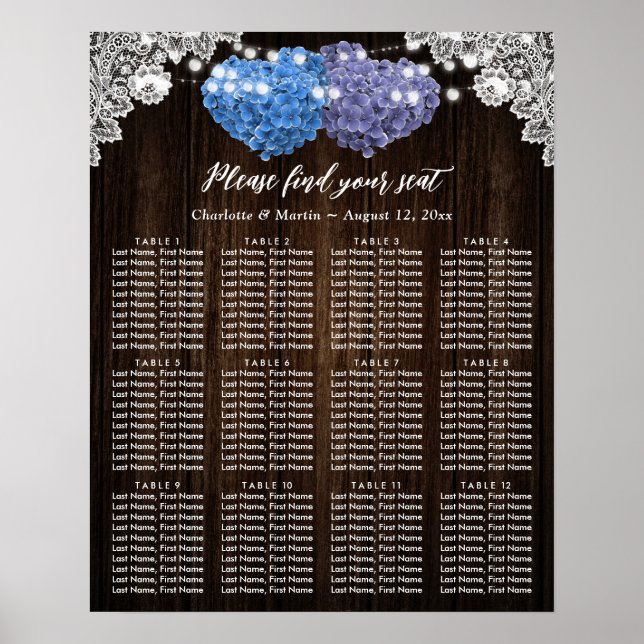 Rustic Purple Blue Floral Wedding Seating Chart 12 Poster (Framsidan)