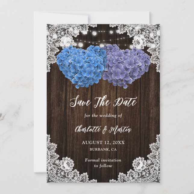 Rustic Purple Blue Hydrangea Rustic Wood Wedding Spara Datumet (Framsida)