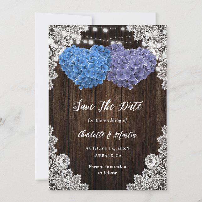 Rustic Purple Blue Wood Lights Lace Floral Wedding Spara Datumet (Framsida)