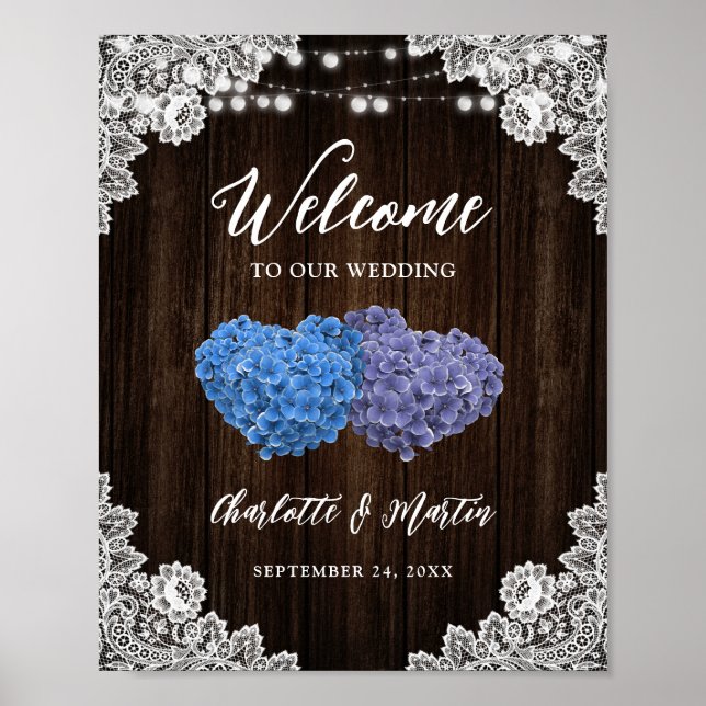 Rustic Purple Blue Wood Wedding Welcome Sign Poster (Framsidan)