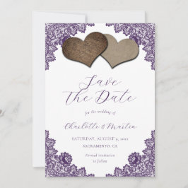 Rustic Purple Floral Lace Burlap Hearts Wedding Spara Datumet