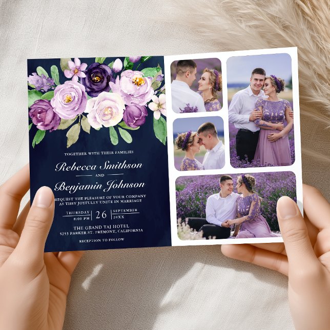 Rustic Purple Floral QR Code Navy Blue Wedding Inbjudan (Skapare uppladdad)
