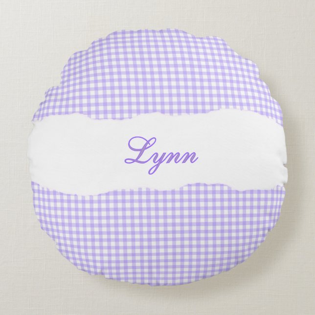 Rustic Purple Gingham Personalized Name Rund Kudde (Framsidan)