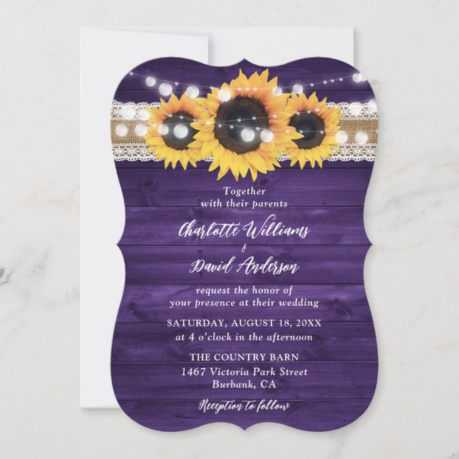 Rustic Purple Sunflower Wood String Lights Wedding Inbjudningar (Framsida)