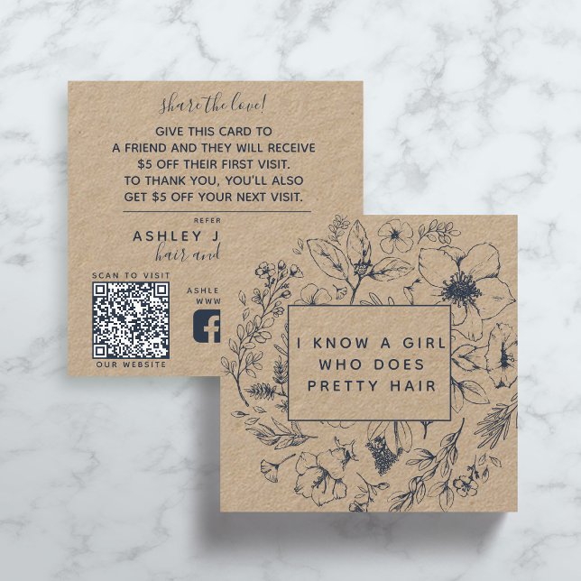 Rustic QR-kod Botanical Kraft Navy Blue Referral Fyrkantigt Visitkort (Skapare uppladdad)