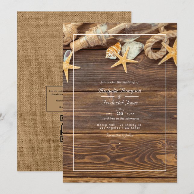 Rustic QR-kod OSA Beach Wedding Inbjudningar (Fram/baksida)