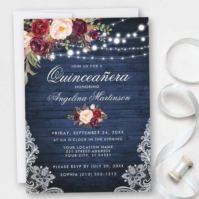 Rustic Quinceanera Blue Wood Burgundy Blommigt Inbjudningar (Customize to add more text or photos to back of card.)