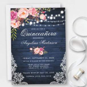 Rustic Quinceanera Blue Wood Ljus Rosa Blommigt Inbjudningar