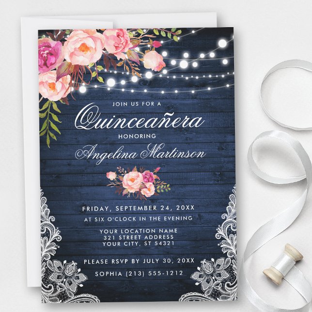 Rustic Quinceanera Blue Wood Ljus Rosa Blommigt Inbjudningar (Customize to add more text or photos to back of card.)
