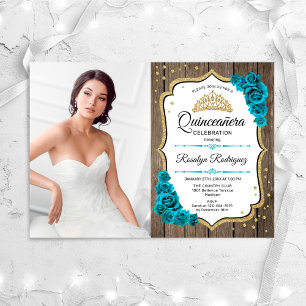 Rustic Quinceanera Party med foto - Guld-teal Inbjudningar