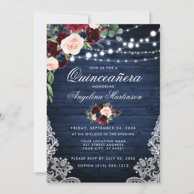 Rustic Quinceanera Wood Burgundy Blue-Blommigt Inbjudningar (Framsida)