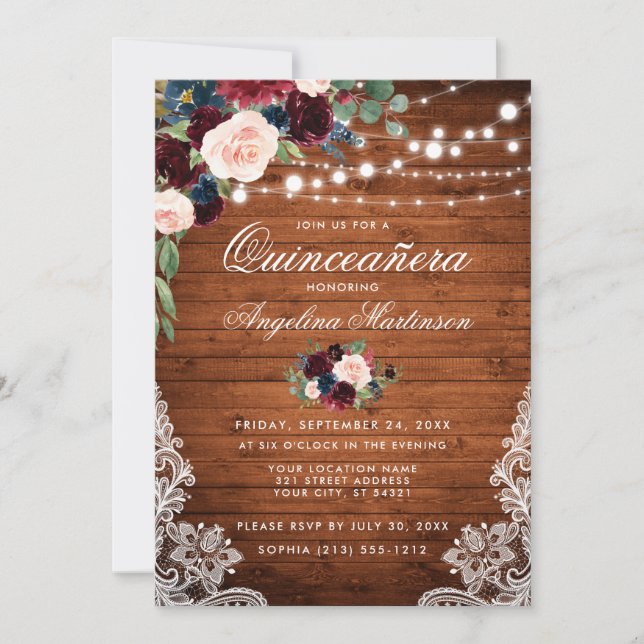 Rustic Quinceanera Wood Burgundy Blue-Blommigt Inbjudningar (Framsida)