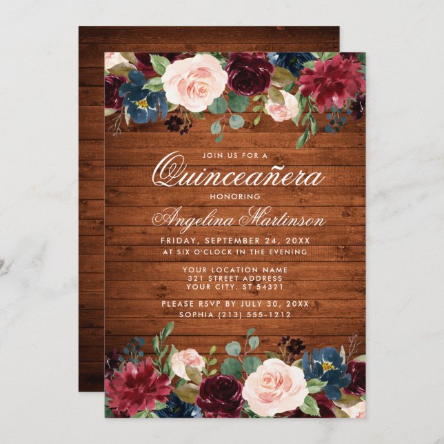 Rustic Quinceanera Wood Burgundy Blue Rosa Blommig Inbjudningar (Fram/baksida)