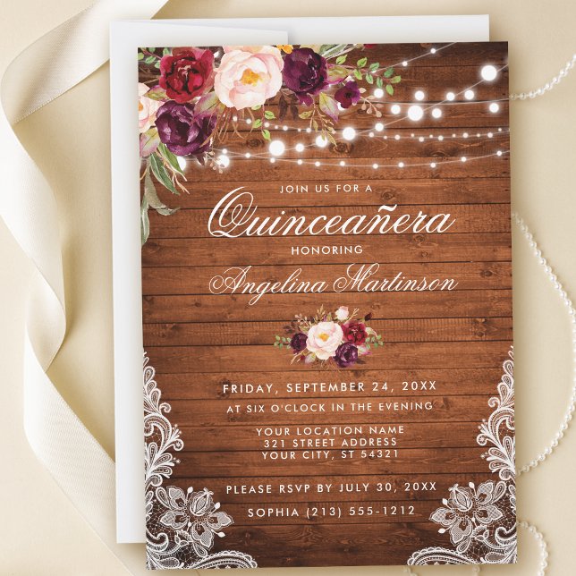 Rustic Quinceanera Wood Ljus Snöre Blommigt Inbjudningar (Customize to add more text or photos to back of card.)