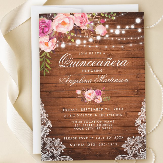 Rustic Quinceanera Wood Ljus Snöre Rosa Blommigt Inbjudningar (Customize to add more text or photos to back of card.)