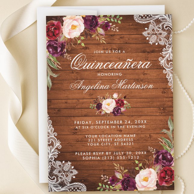 Rustic Quinceanera Wood Snöre Burgundy Blommigt Inbjudningar (Customize to add more text or photos to back of card.)