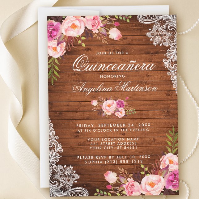 Rustic Quinceanera Wood Snöre Rosa Blommigt Inbjudningar (Customize to add more text or photos to back of card.)