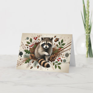 Rustic Raccoon Gräs Cones Holly Berries Acorns 4 Helgkort