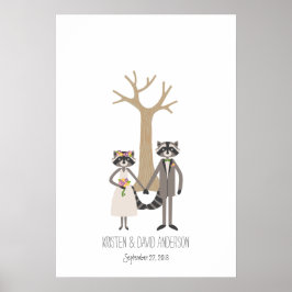 Rustic Raccoons Fingerprint Namnteckning Träd Poster