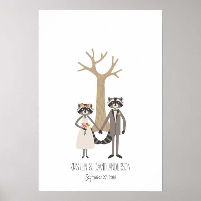 Rustic Raccoons Fingerprint Namnteckning Träd Poster (Framsidan)