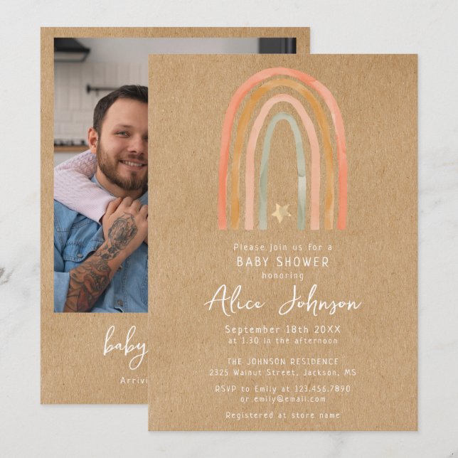 Rustic Rainbow och Star Photo Boho Baby Shower Inbjudningar (Fram/baksida)