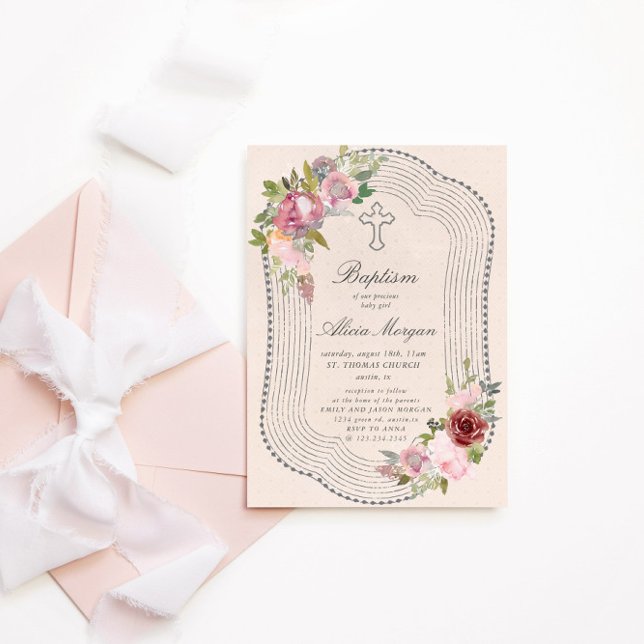 Rustic Ram Rosa Burgundy Blommigt Baptism Inbjudningar (Skapare uppladdad)