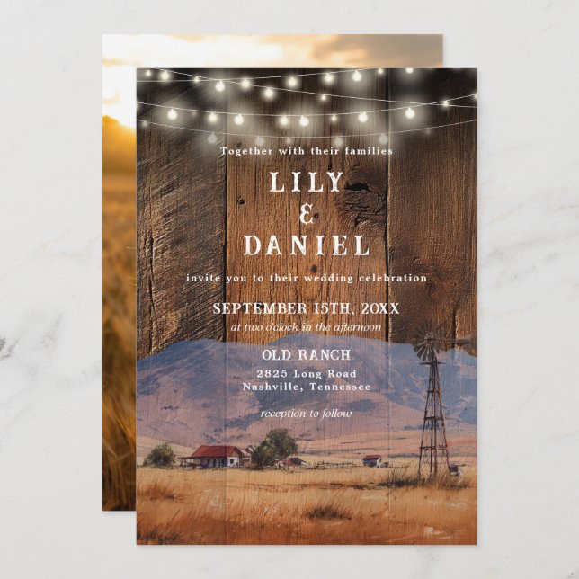 Rustic Ranch Barn Wood String Lights Photo Wedding Inbjudningar (Fram/baksida)