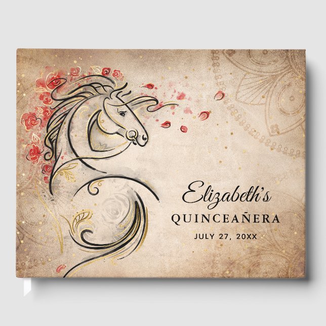 Rustic Ranchera Mexican Quinceanera, röd och Guld Gästböcker (Framsida)