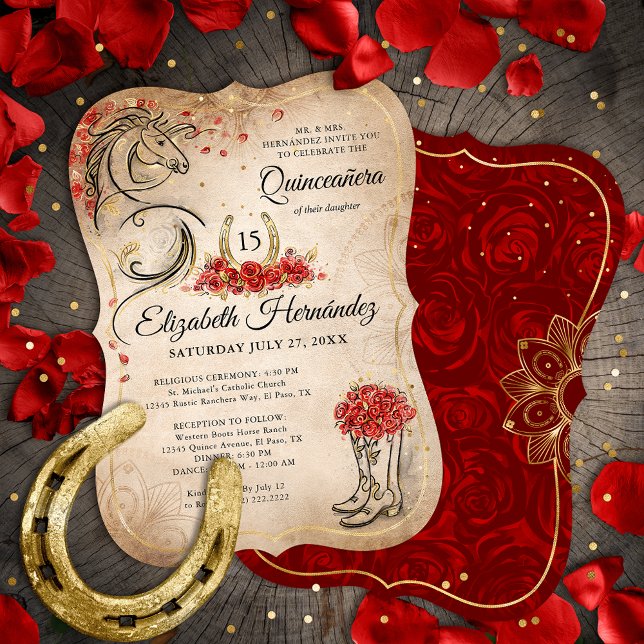 Rustic Ranchera Mexican Quinceanera, röd och Guld Inbjudningar (Skapare uppladdad)