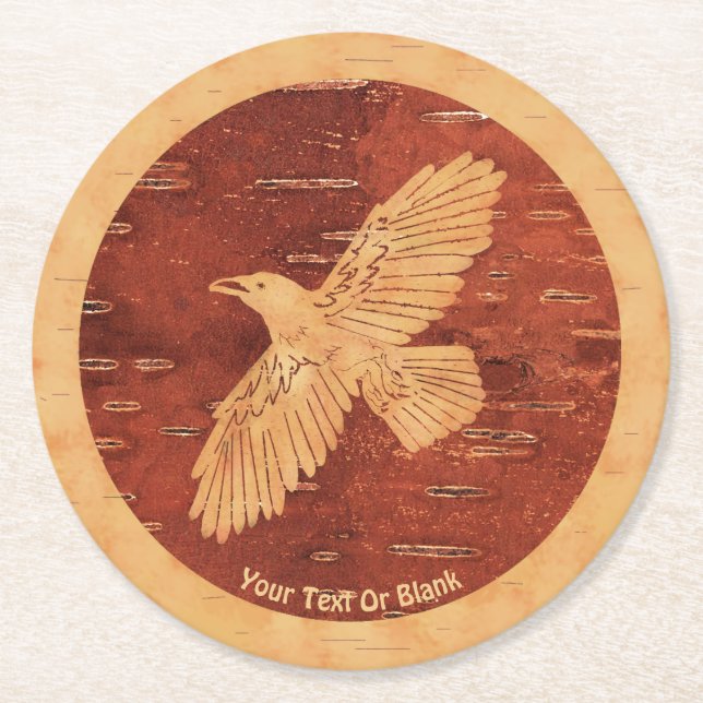Rustic Raven on Inner Birch Bark Underlägg Papper Rund (Framsidan)