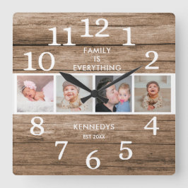 Rustic Reclated Wood 4 Photo Family Quote Fyrkantig Klocka