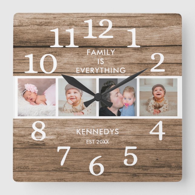Rustic Reclated Wood 4 Photo Family Quote Fyrkantig Klocka (Framsida)