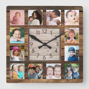 Rustic Reclated Wood Farmhouse 12 Photo Collage Fyrkantig Klocka