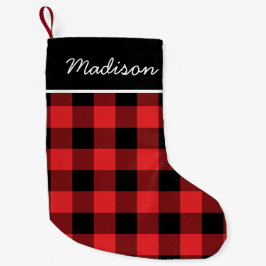 Rustic Red and Black Buffalo Check Monogram Liten Julstrumpa
