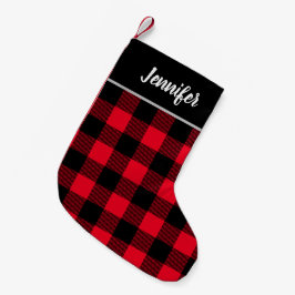 Rustic Red and Black Buffalo Check Monogram Liten Julstrumpa