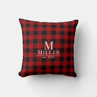 Rustic Red and Black Buffalo Check Monogram Namn Kudde