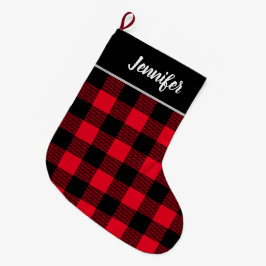 Rustic Red and Black Buffalo Check Monogram Stor Julstrumpa
