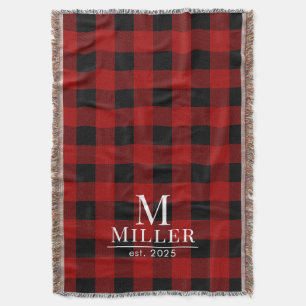 Rustic Red and Black Buffalo Check Monogram Woven Filt