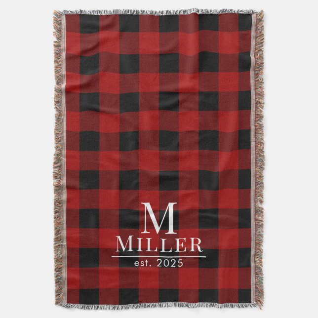 Rustic Red and Black Buffalo Check Monogram Woven Filt (Framsidan Vertikal)