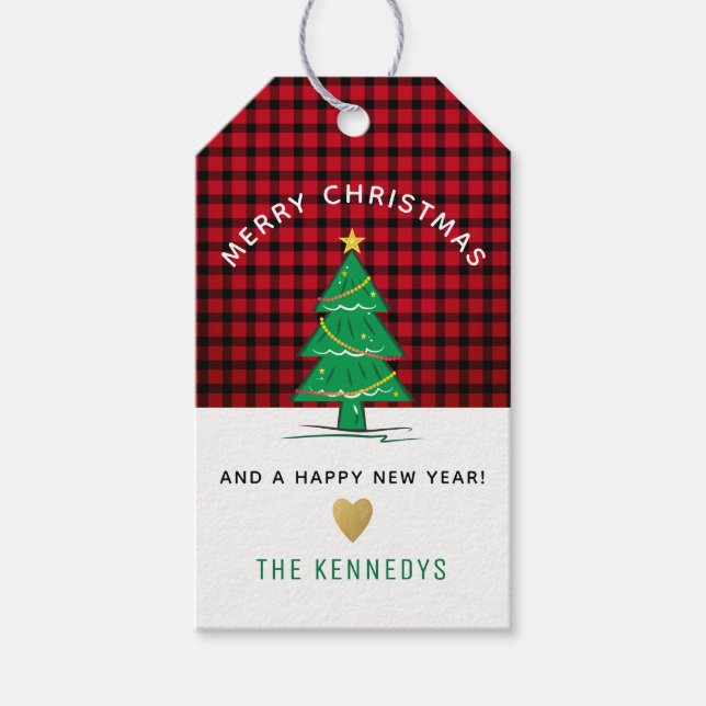 Rustic Red and Black Buffalo Play Julgran Presentetikett (Framsidan)