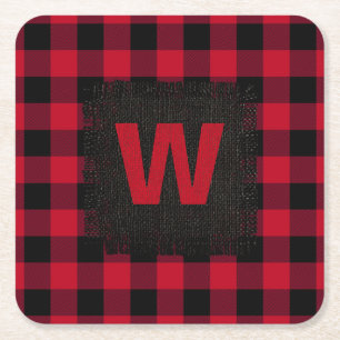 Rustic Red and Black Buffalo Play Monogram Underlägg Papper Kvadrat