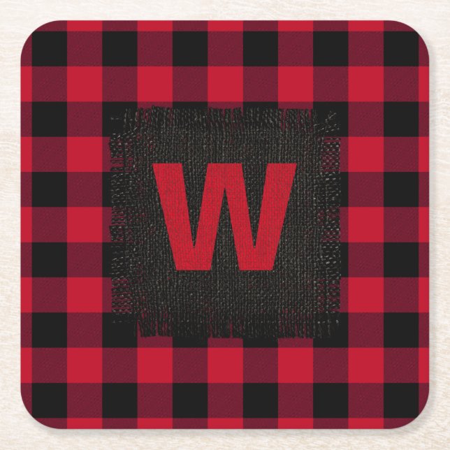 Rustic Red and Black Buffalo Play Monogram Underlägg Papper Kvadrat (Framsidan)