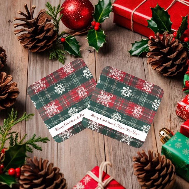 Rustic Red and Grönt Snöflingor mönster Helgdagar Underlägg Papper Kvadrat (Rustic Red and Green Snowflakes pattern Holidays Square Paper Coaster)
