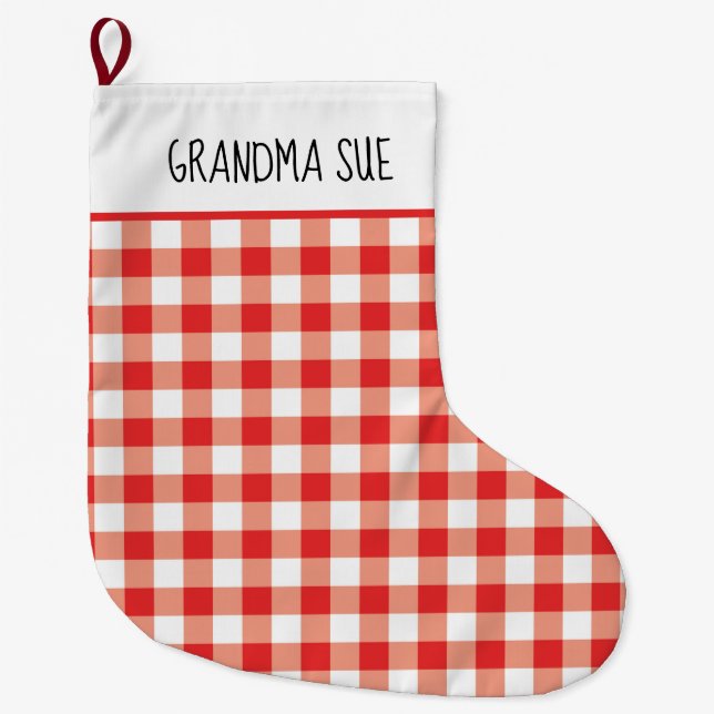 Rustic Red and White Gingham Anpassningsbar Stor Julstrumpa (Framsidan)