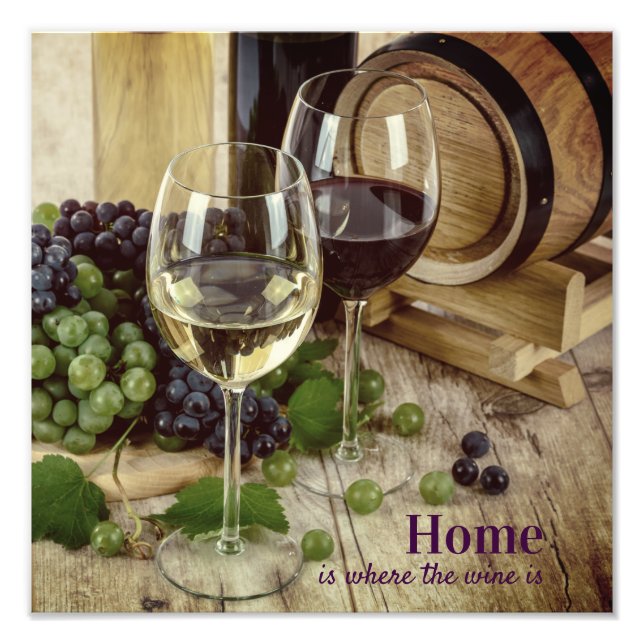 Rustic Red and White Vin Glasses Grapes Barrel Fototryck (Framsidan)