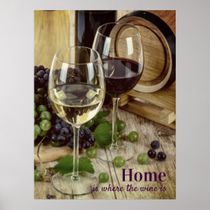 Rustic Red and White Vin Glasses Grapes Barrel Poster