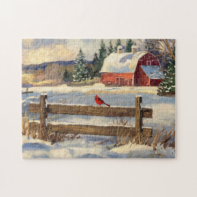 Rustic Red Barn Cardinal Bird Farmhouse Pussel (Horisontell)